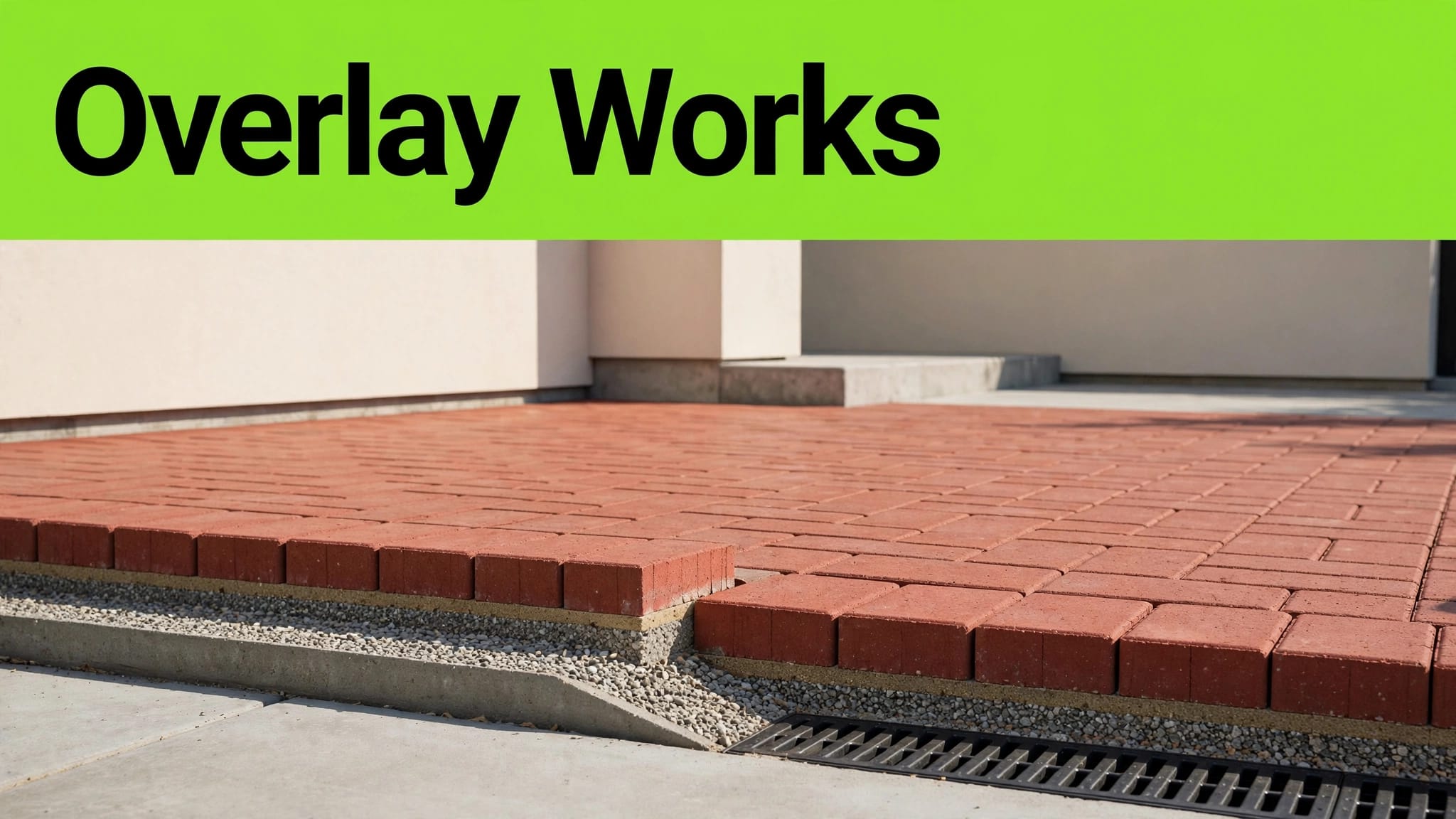 Red Brick Patio Overlay Red brick pavers overlay a concrete patio beside a drainage channel.