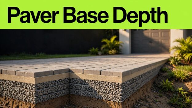 Florida Paver Base Layers Cutaway driveway showing pavers, sand, aggregate base, soil, and drainage slope.