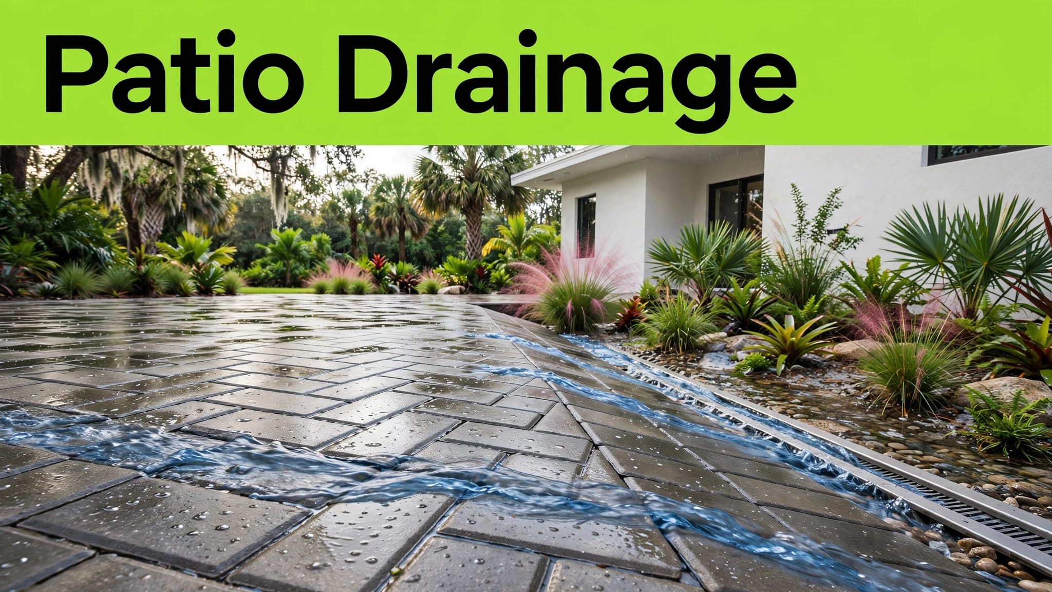 Florida Patio Drainage Wet pavers slope toward a linear drain and planted swale beside a Florida home.