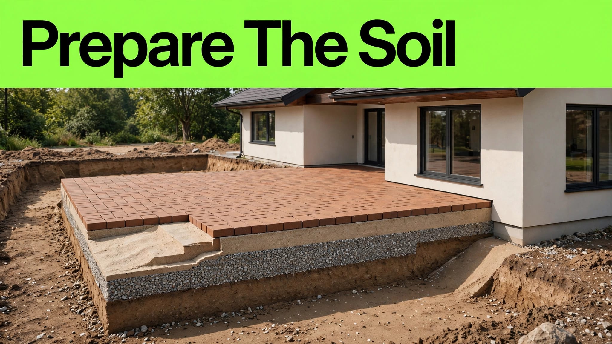 Brick Paver Soil Preparation Cutaway patio soil with aggregate, sand, and aligned brick pavers.
