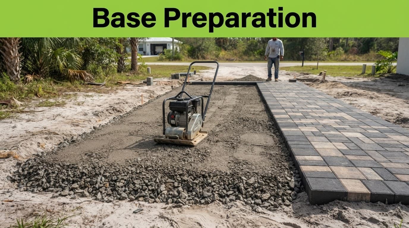 A plate compactor sits on a gravel driveway base beside finished pavers in Florida.
