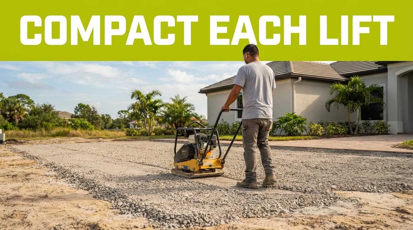 Worker operating a plate compactor on a gravel driveway base.