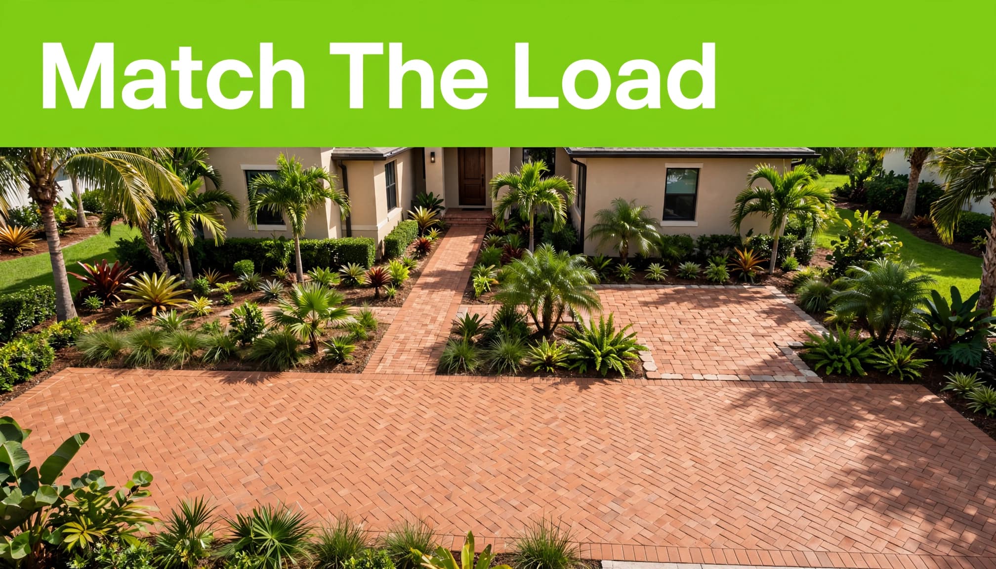 Brick driveway, patio, and garden walkway outside a sunny Florida home.