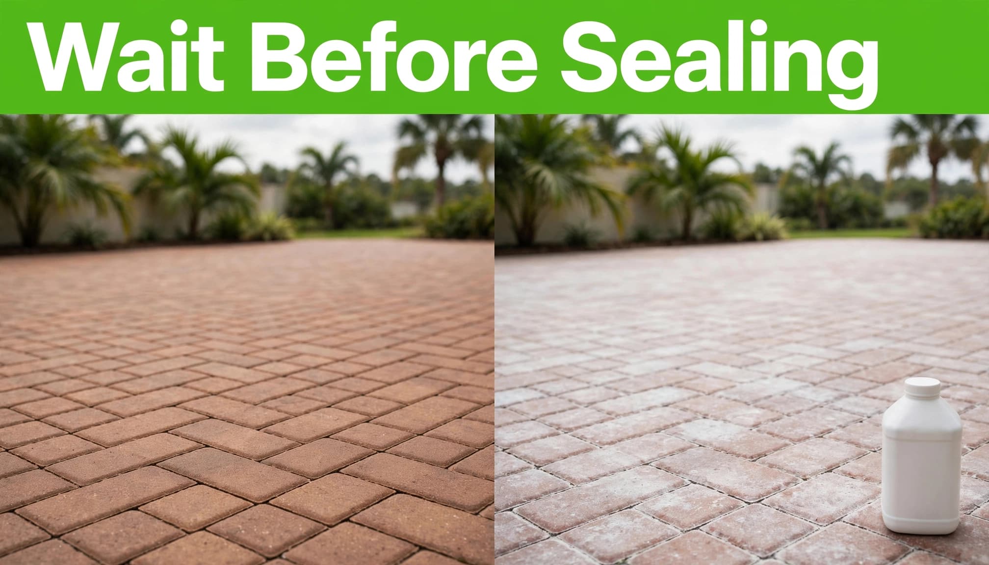 Clean, dry brick pavers sit beside hazy pavers, with a sealer container at the edge.