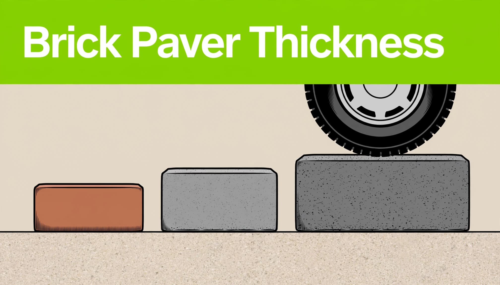 Three pavers of different thicknesses, with an SUV tire resting above the thickest one.