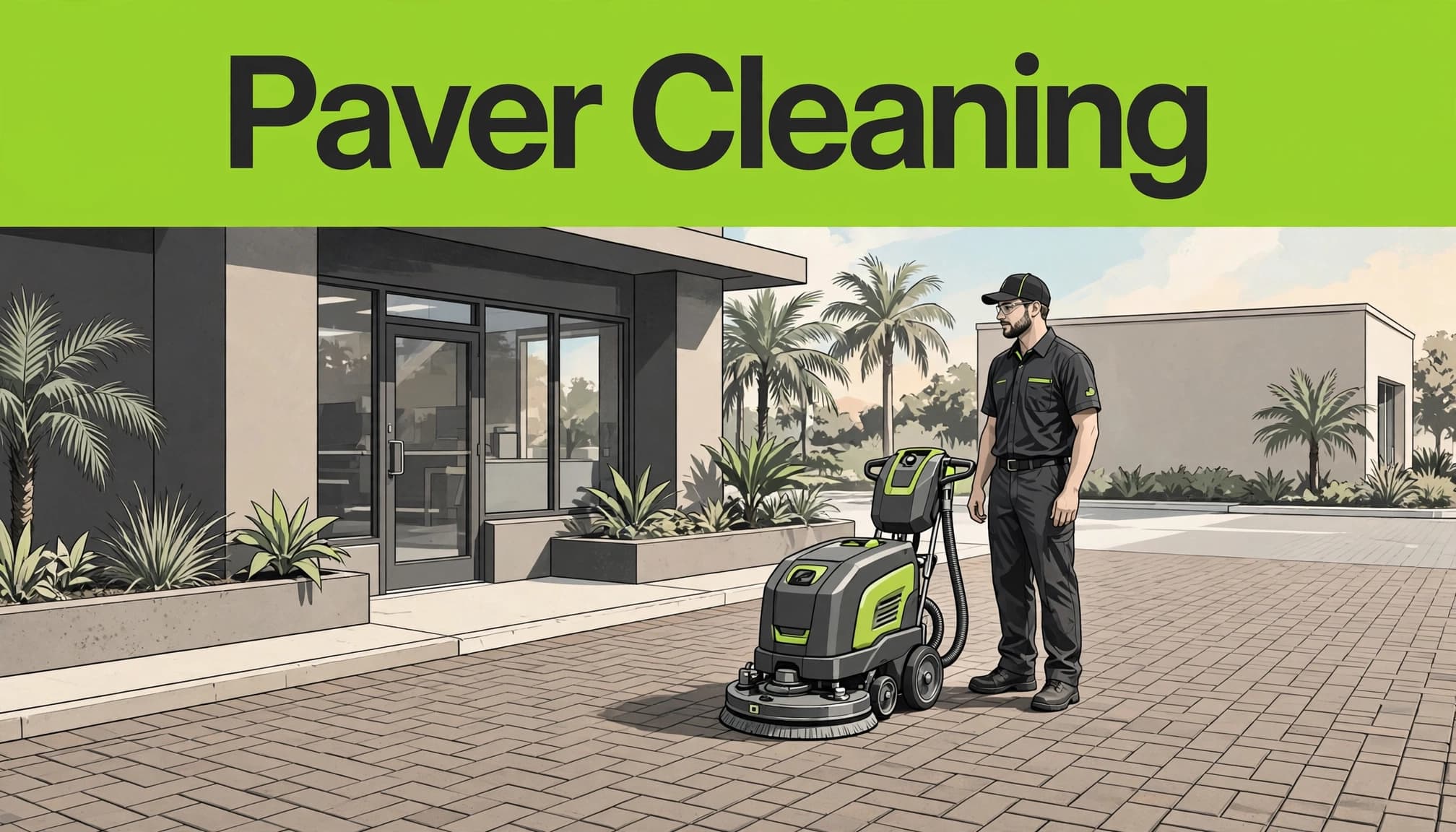 A uniformed technician stands beside a parked cleaning machine on a brick walkway.