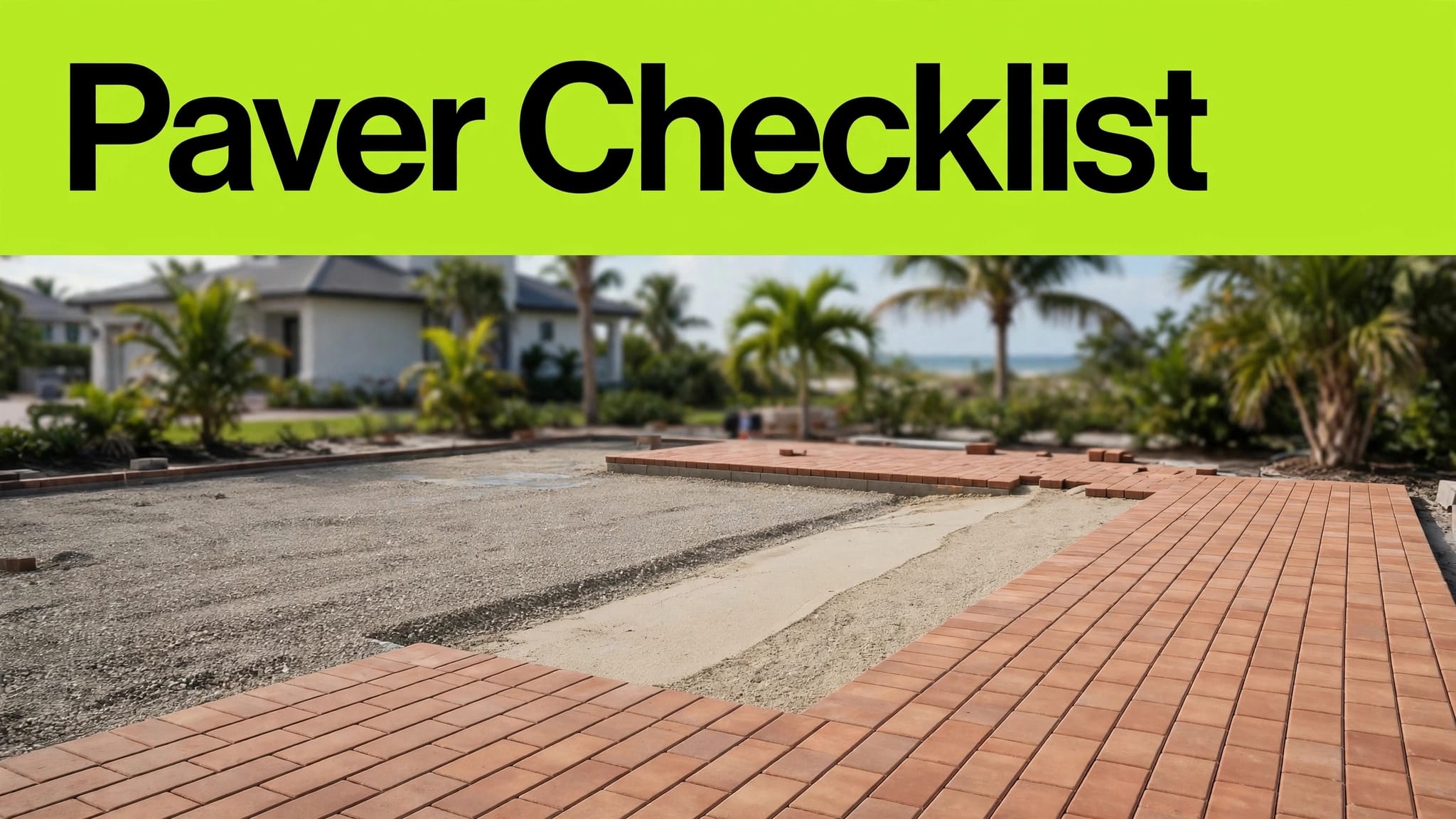 Southwest Florida Paver Installation Terracotta pavers are aligned on a prepared patio base beside tropical palms.