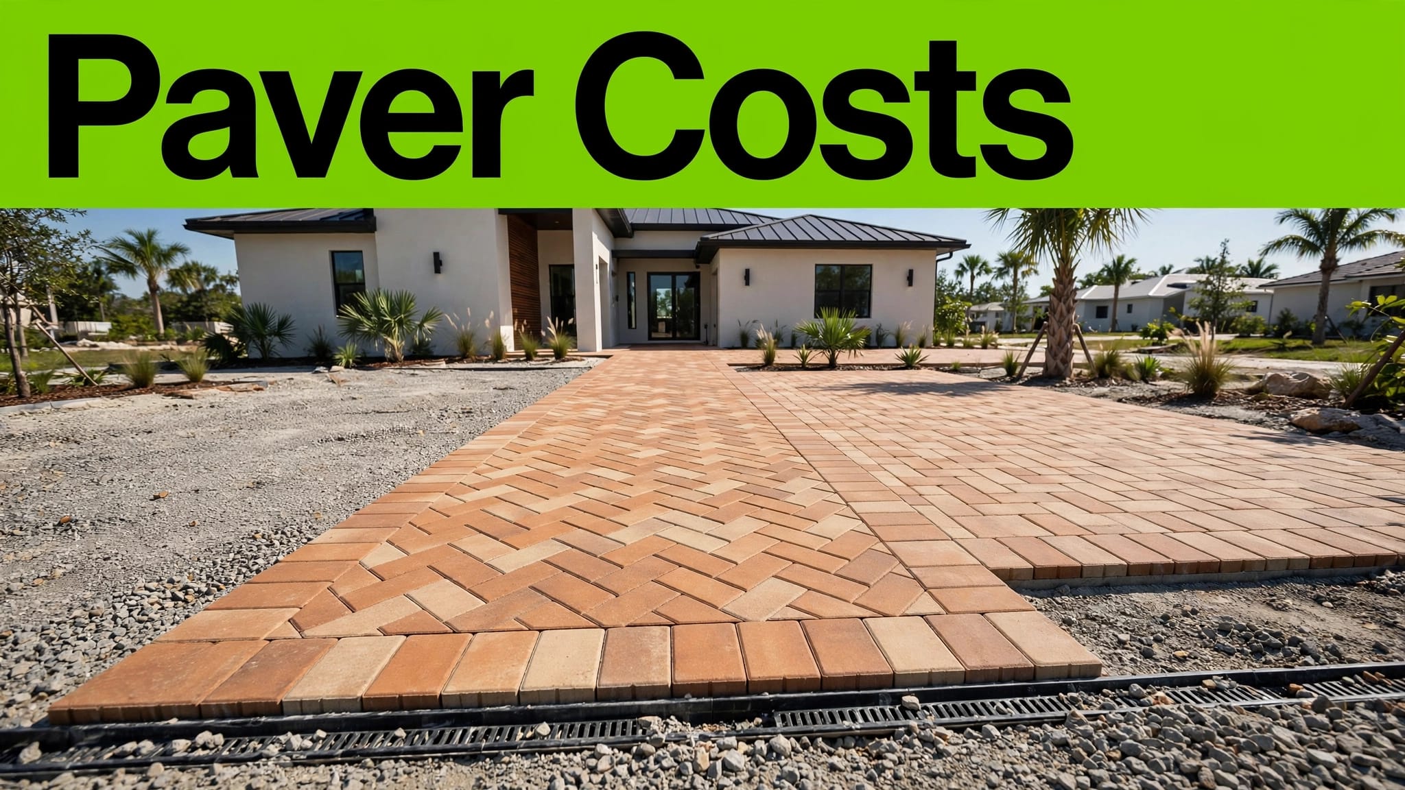 Southwest Florida Pavers Brick paver driveway and patio leading to a modern Florida home with a visible gravel base.
