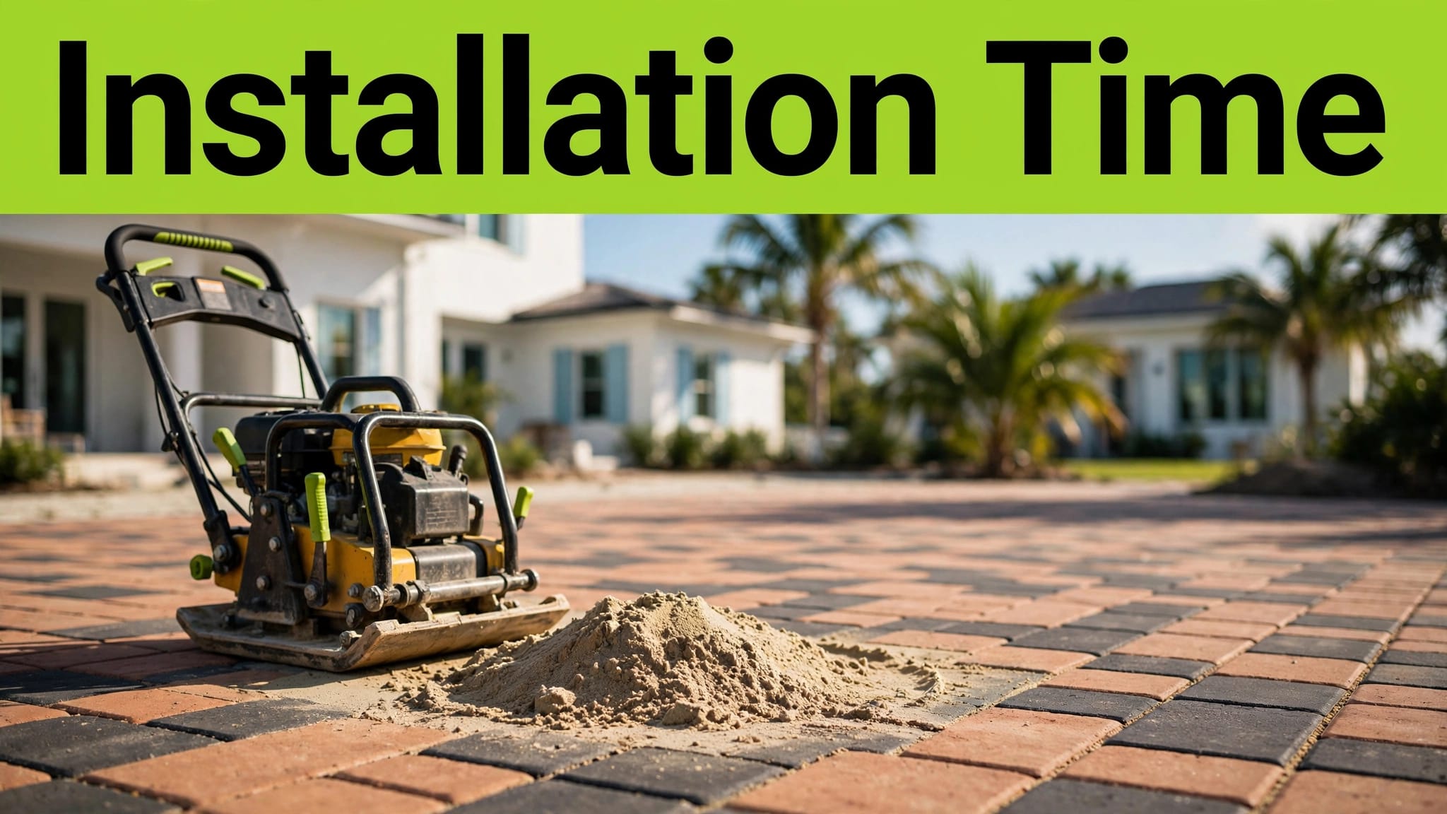 Southwest Florida Paver Patio New brick paver patio with construction tools, palms, and a coastal home.