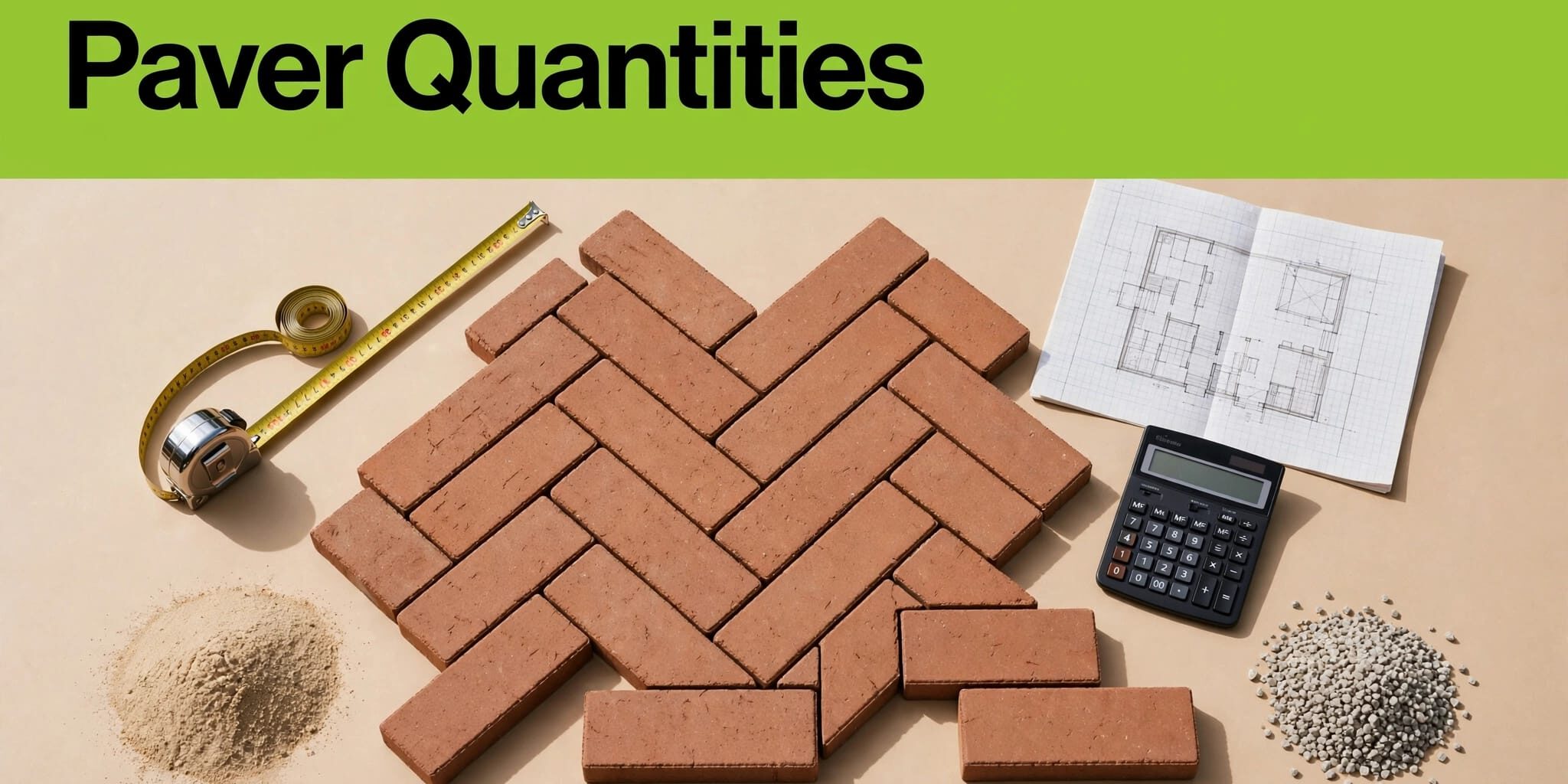 Brick Paver Planning Brick pavers, a measuring tape, calculator, plan, sand, and aggregate arranged overhead.