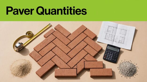 Brick Paver Planning Brick pavers, a measuring tape, calculator, plan, sand, and aggregate arranged overhead.