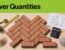 Brick pavers, a measuring tape, calculator, plan, sand, and aggregate arranged overhead.