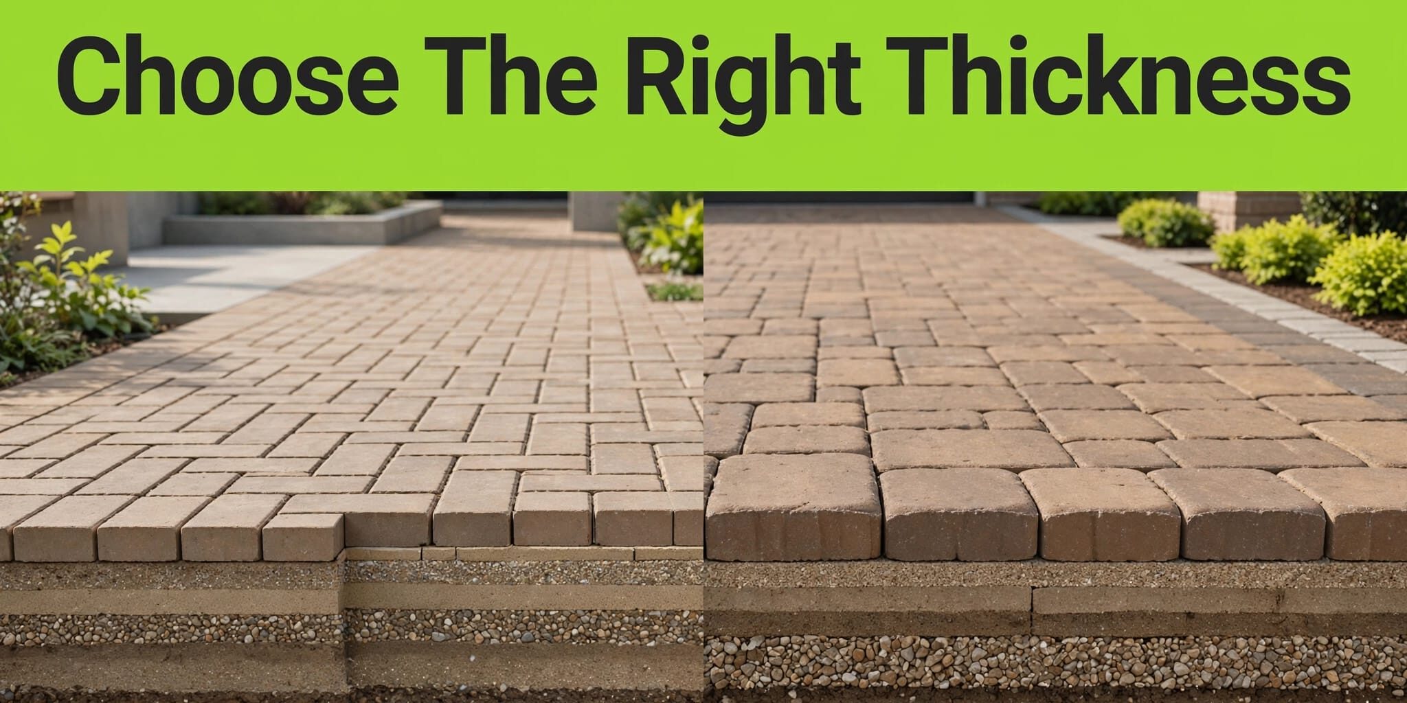 Brick Paver Thickness Guide Split view of thin patio pavers and thicker driveway pavers over compacted bases.