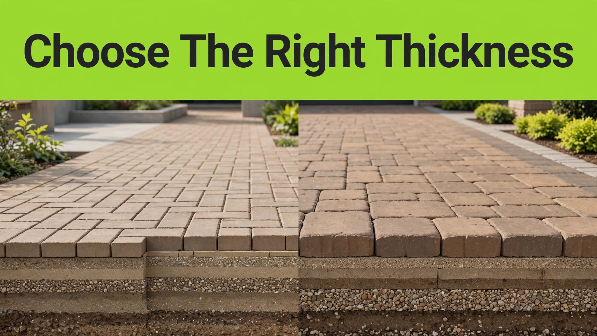 Brick Paver Thickness Guide Split view of thin patio pavers and thicker driveway pavers over compacted bases.