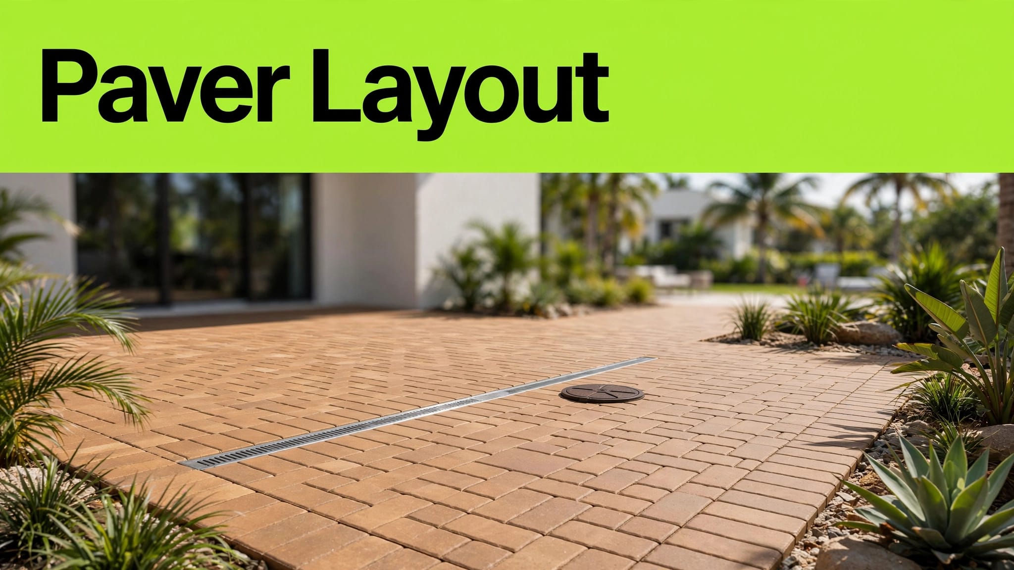 Southwest Florida Paver Patio Patio pavers arranged around a channel drain and utility cover beneath a green headline band.