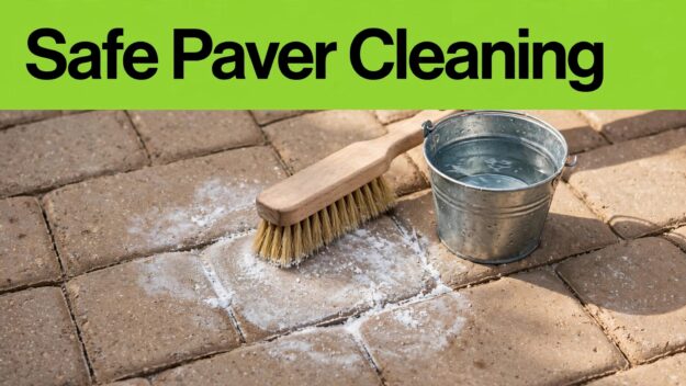 Brick Paver Cleaning A brush scrubs white residue from brick pavers beside a bucket of water.