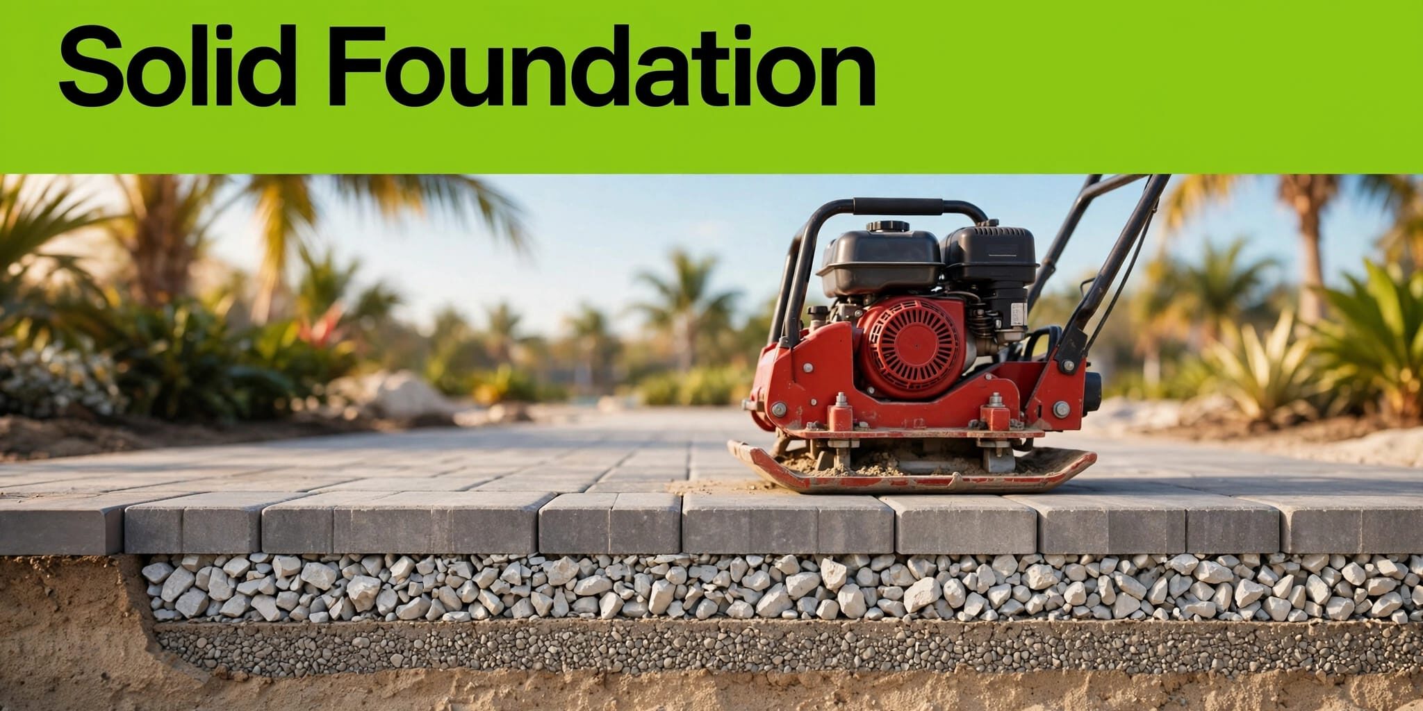 Southwest Florida Paver Base A red compactor presses crushed stone beneath aligned concrete pavers.