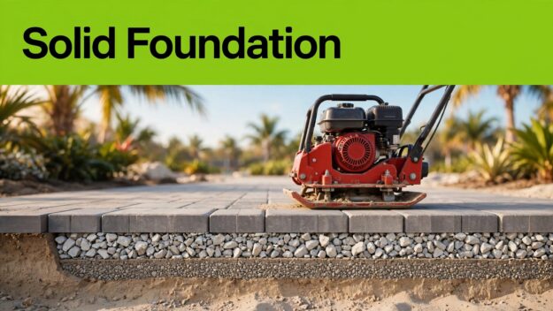 Southwest Florida Paver Base A red compactor presses crushed stone beneath aligned concrete pavers.