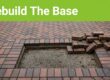 Lifted patio pavers reveal a sunken base beneath a green banner.