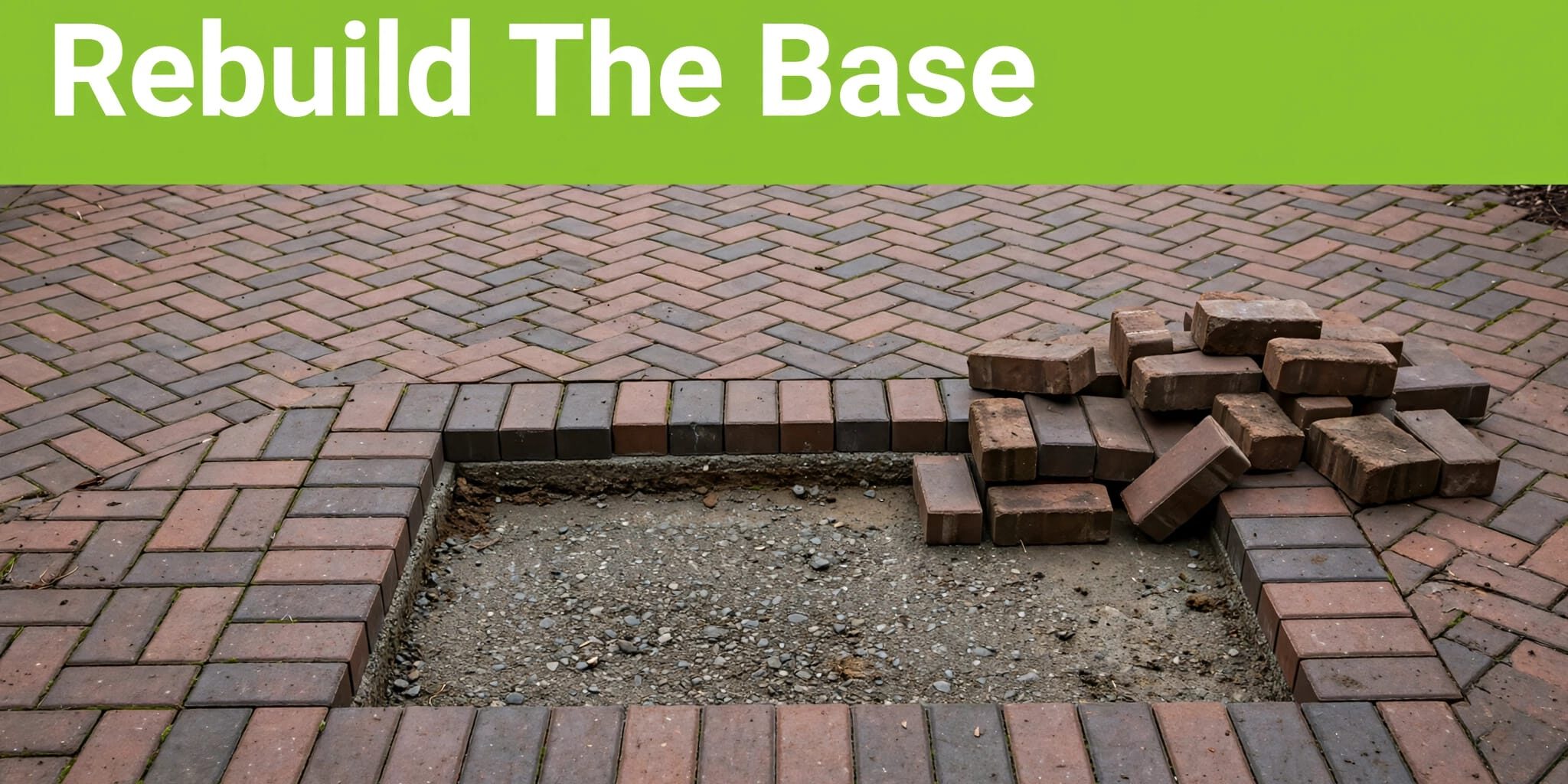 Lifted patio pavers reveal a sunken base beneath a green banner.