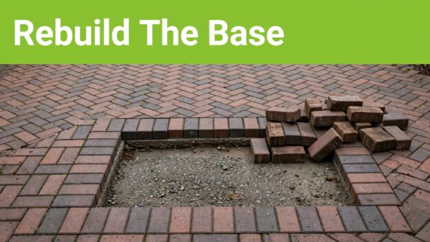 Sunken Brick Paver Base Lifted patio pavers reveal a sunken base beneath a green banner.