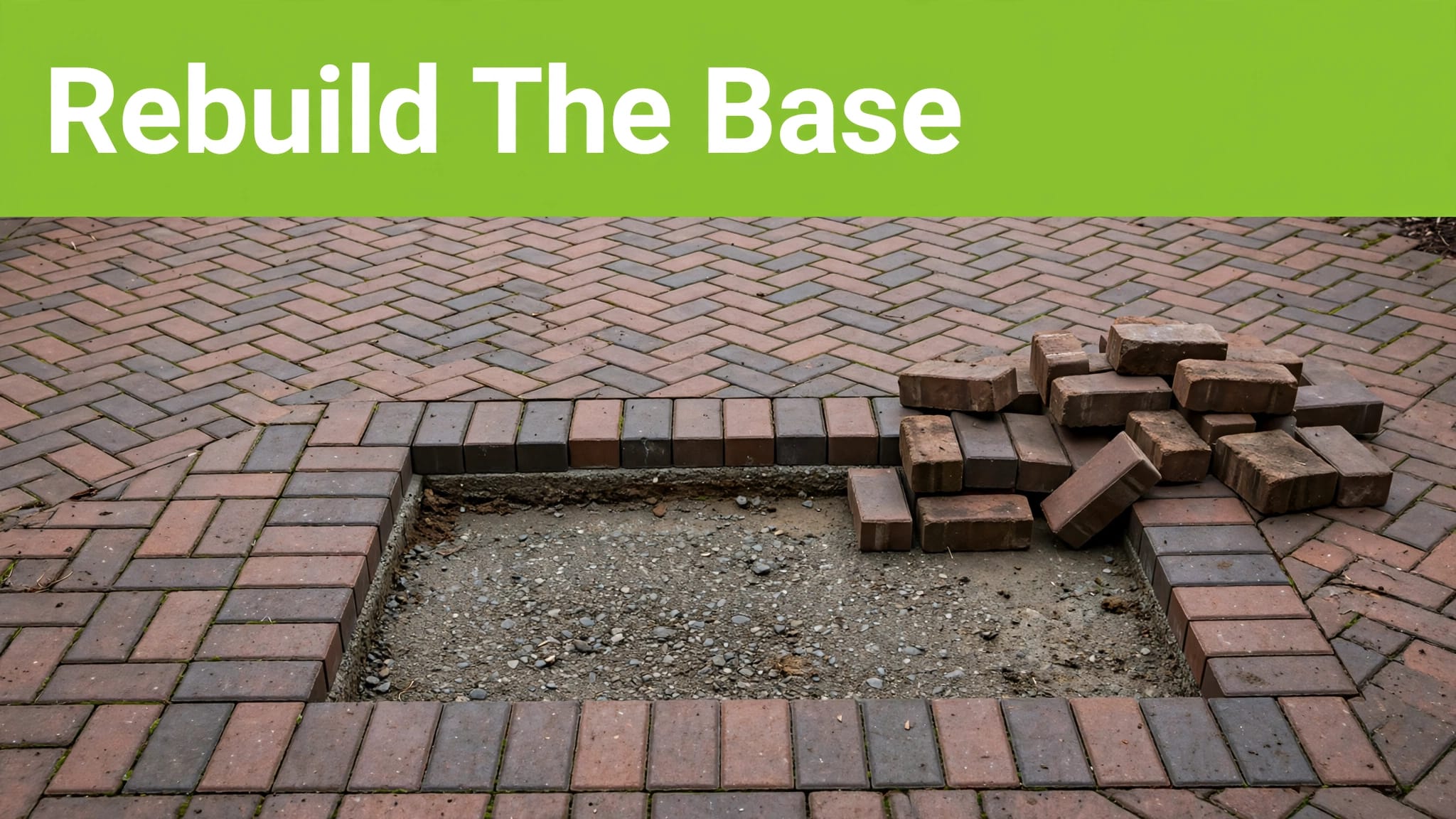 Sunken Brick Paver Base Lifted patio pavers reveal a sunken base beneath a green banner.