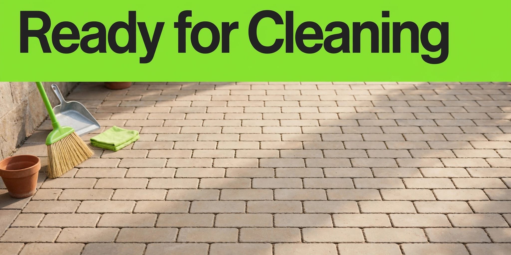 A broom and moved patio items leave brick pavers clear for cleaning.