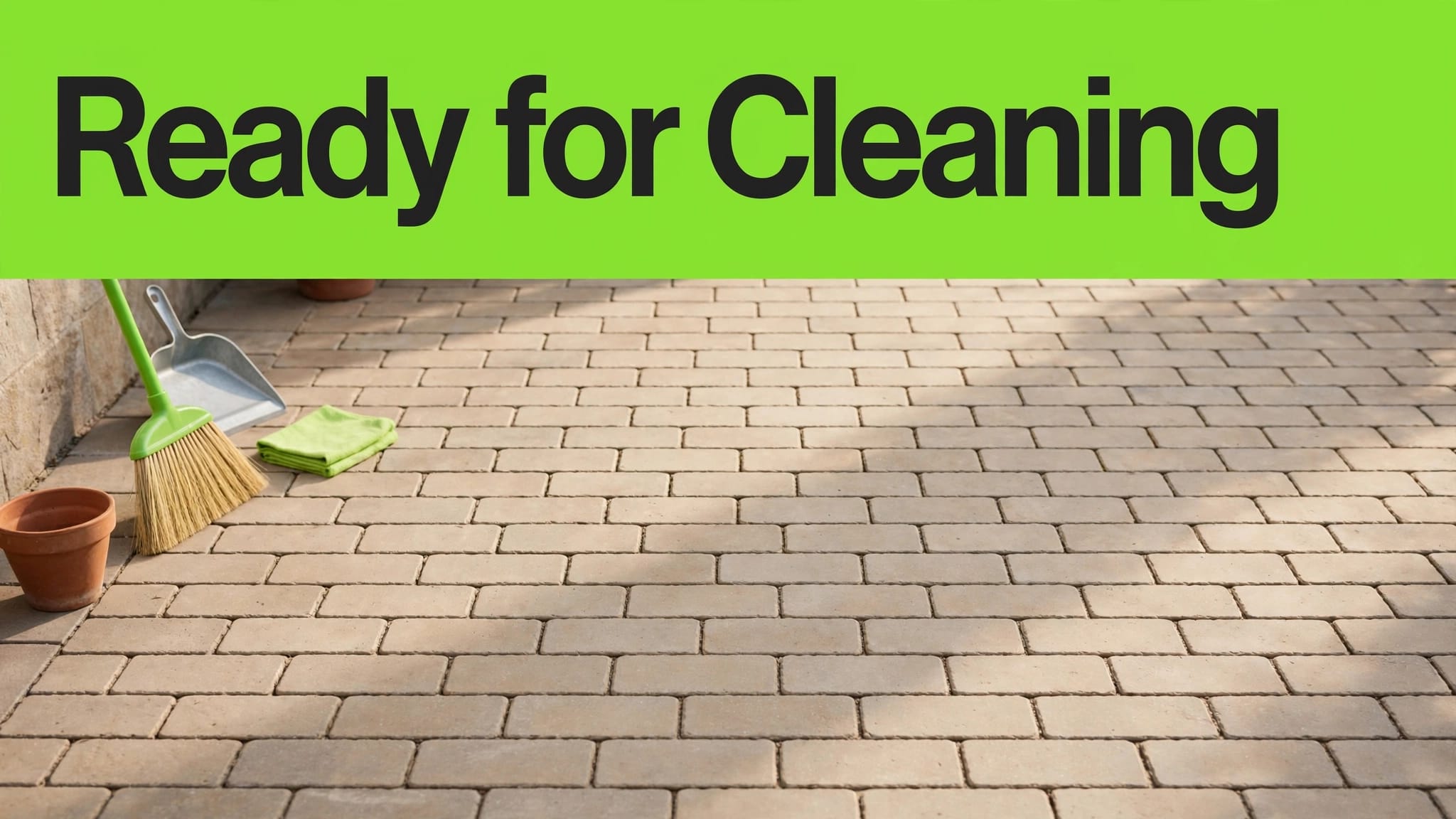 Prepared Brick Patio A broom and moved patio items leave brick pavers clear for cleaning.