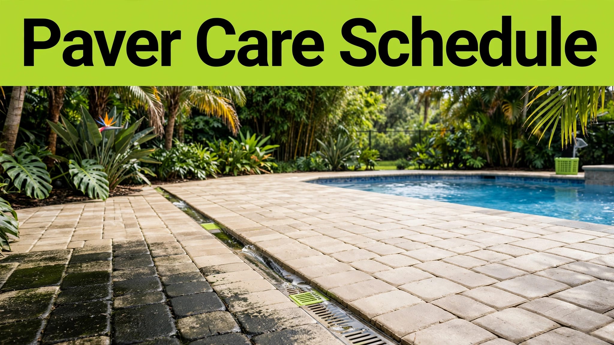 Florida pool deck showing clean pavers beside a dark algae-covered section.