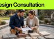 A designer and homeowner review patio materials beside a finished yard.
