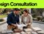 A designer and homeowner review patio materials beside a finished yard.