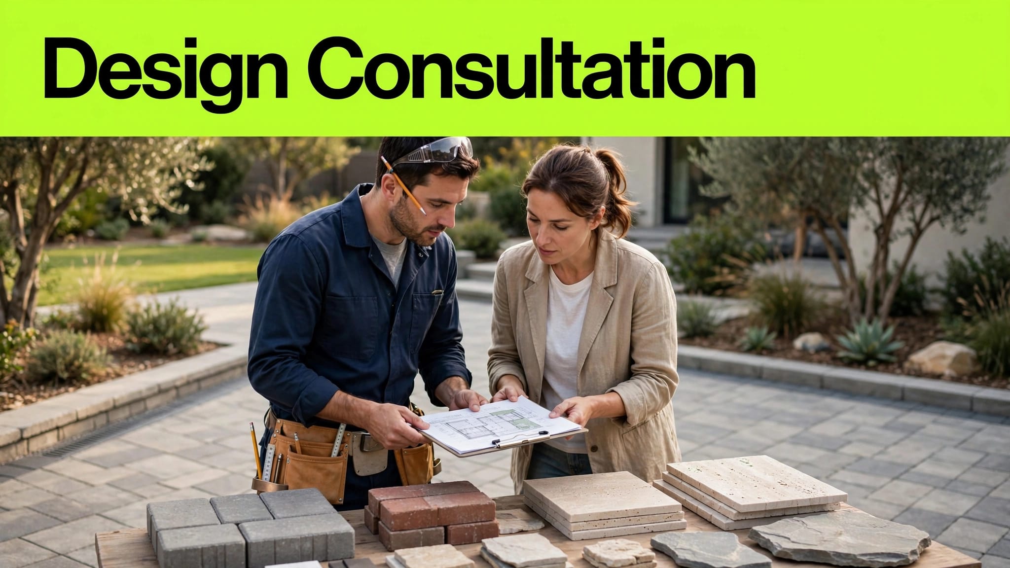 Paver Design Consultation A designer and homeowner review patio materials beside a finished yard.