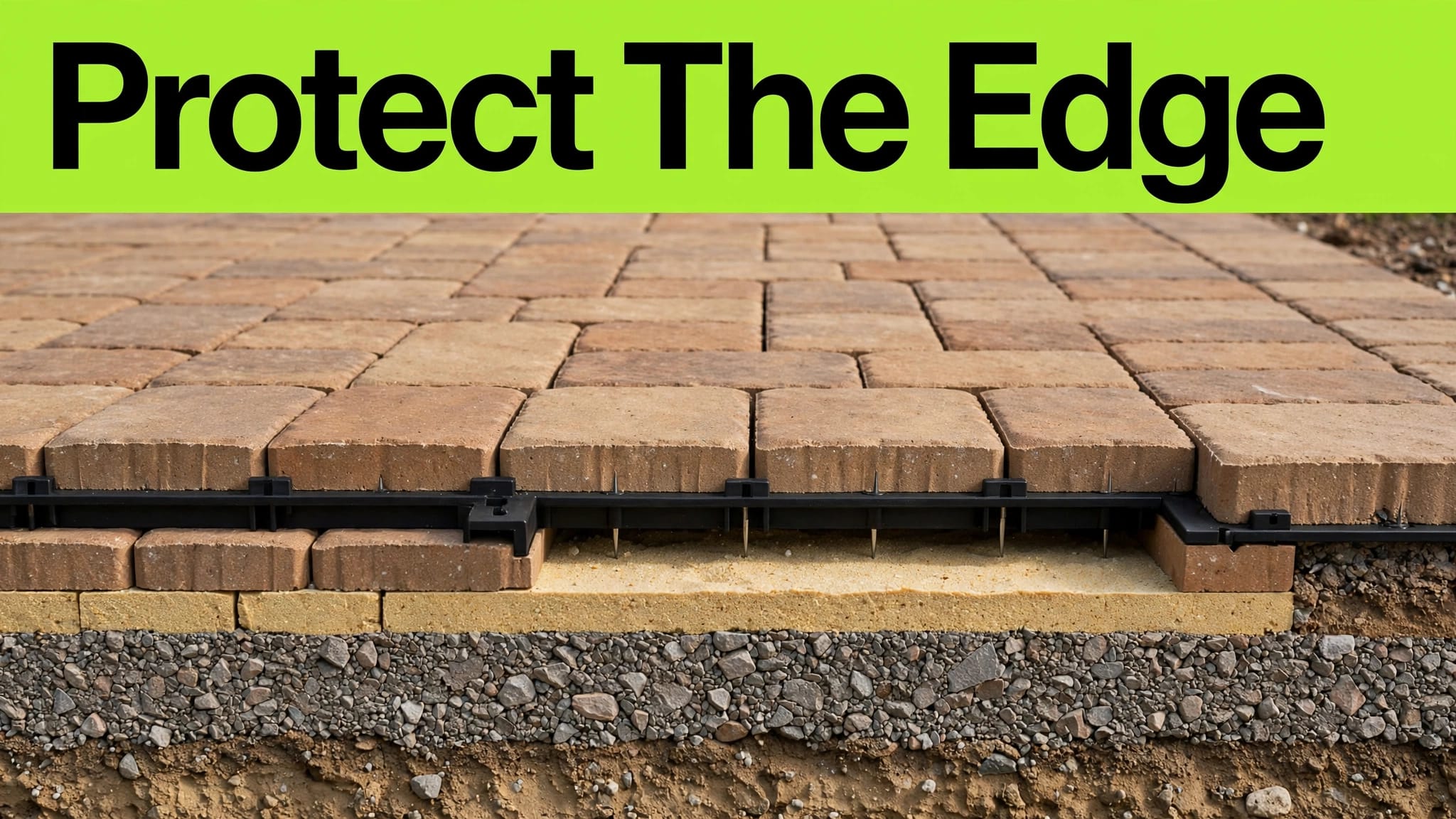 Brick Paver Edge Restraint Brick pavers meet a black edge restraint over sand and compacted aggregate.