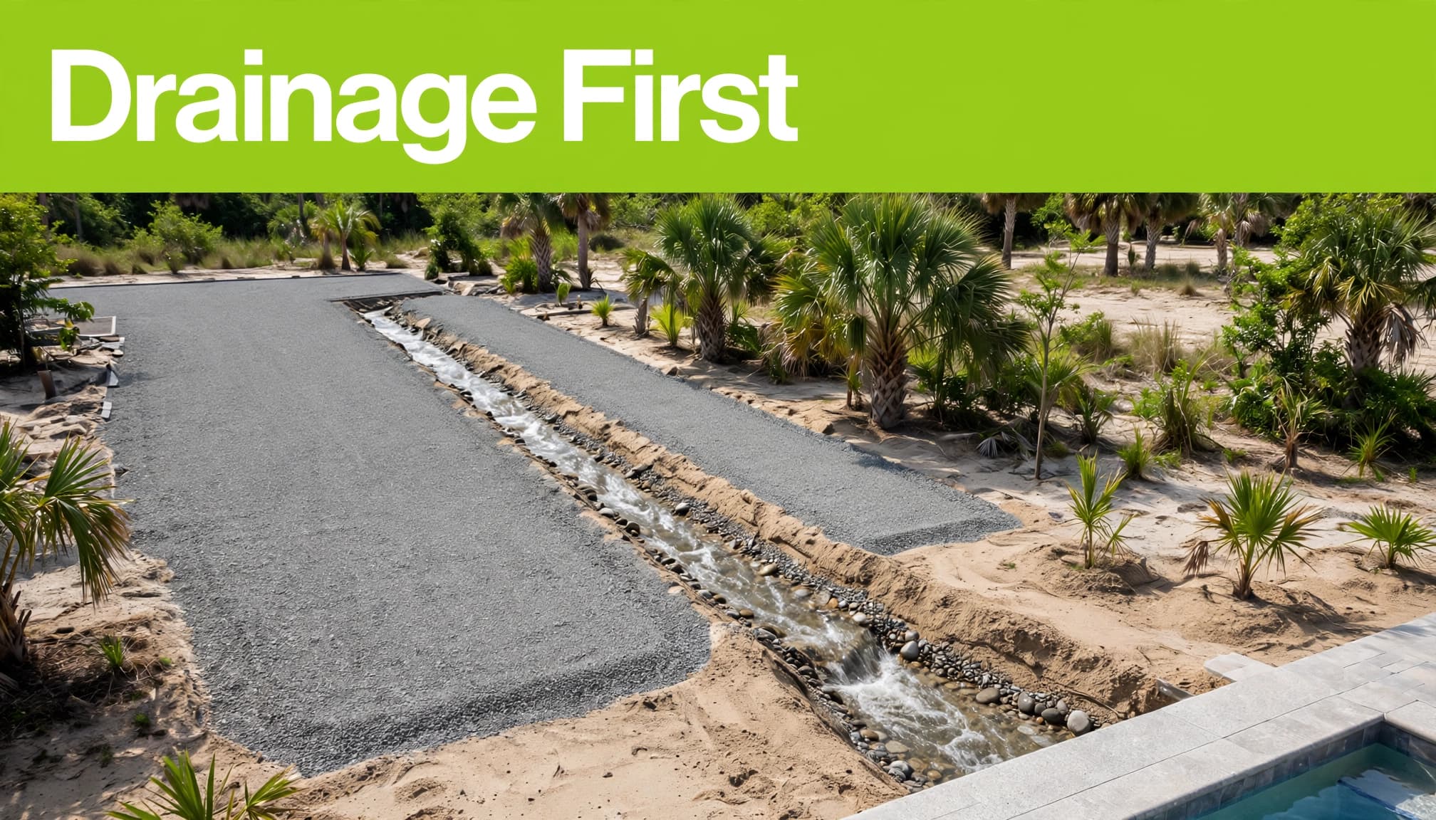 Graded stone beside a shallow drainage swale and palm-lined pool deck.