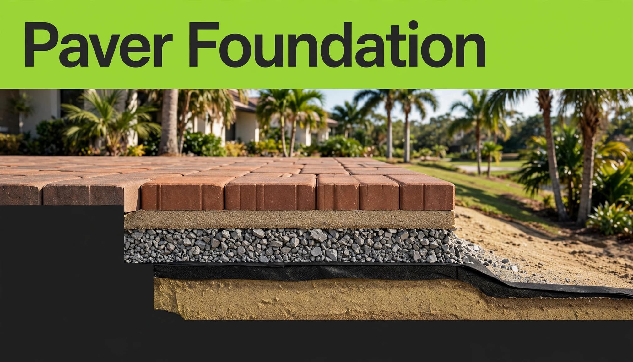 Geotextile fabric pavers layered over sand, aggregate, fabric, and compacted soil in a Florida landscape.