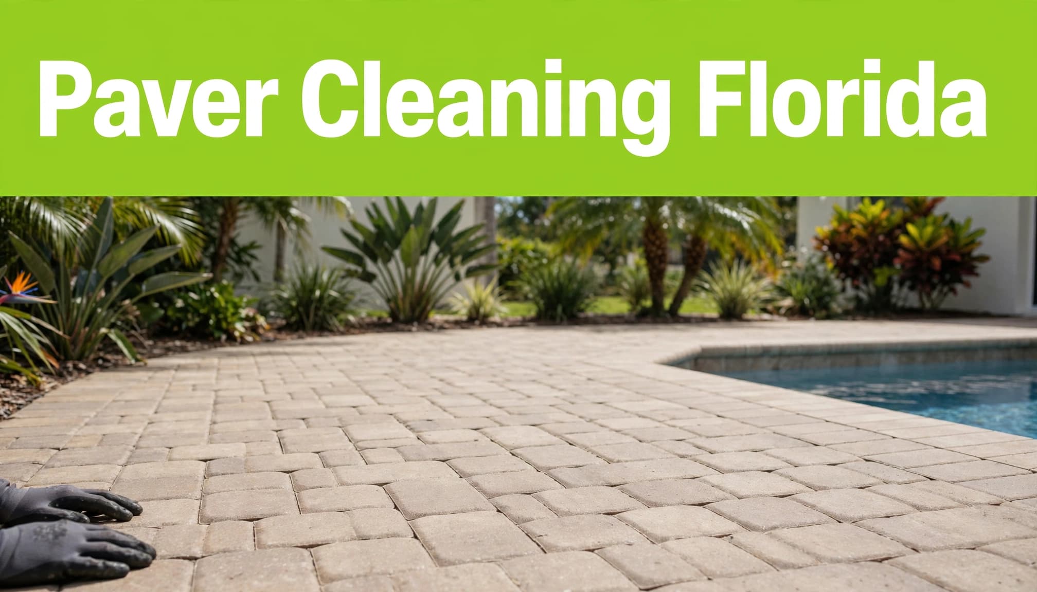 Clean brick paver pool deck with tropical greenery and gloved hands at the edge.