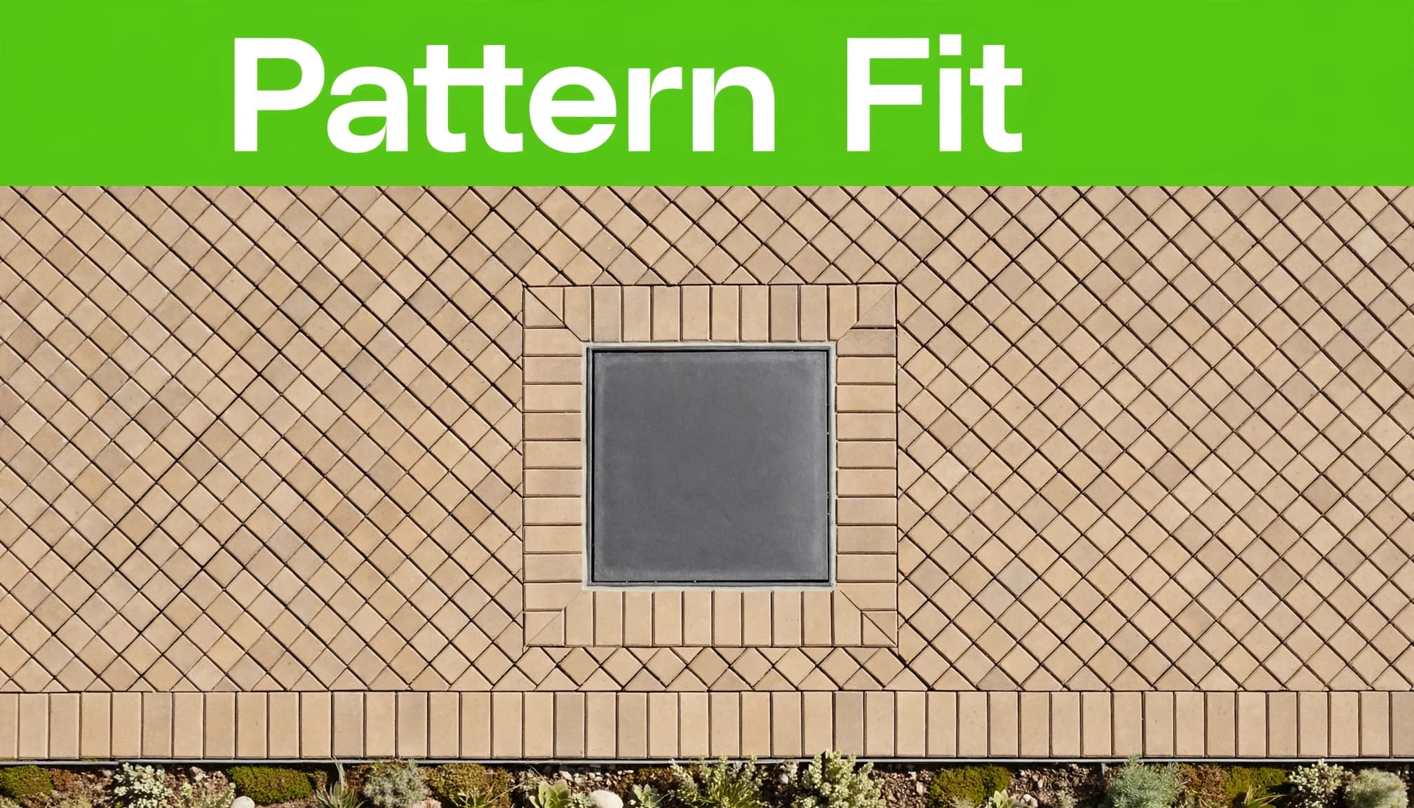 Paver layout around drains and a flush utility cover in a herringbone pattern.