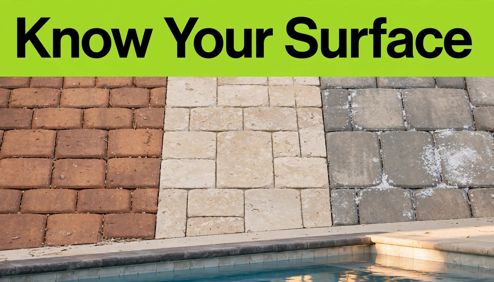 A patio display of brick pavers, light stone, and a small white efflorescence patch beneath a green headline.