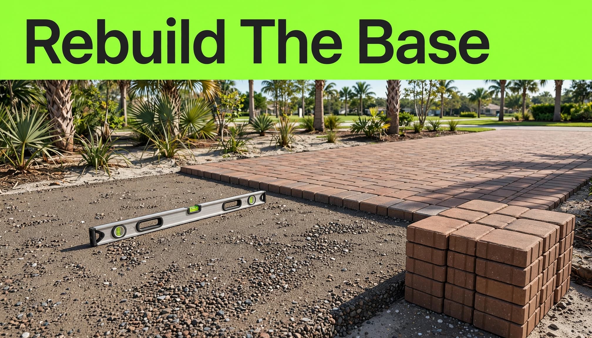 Paver base repair area with stacked brick pavers beside a rebuilt base and a level on top.