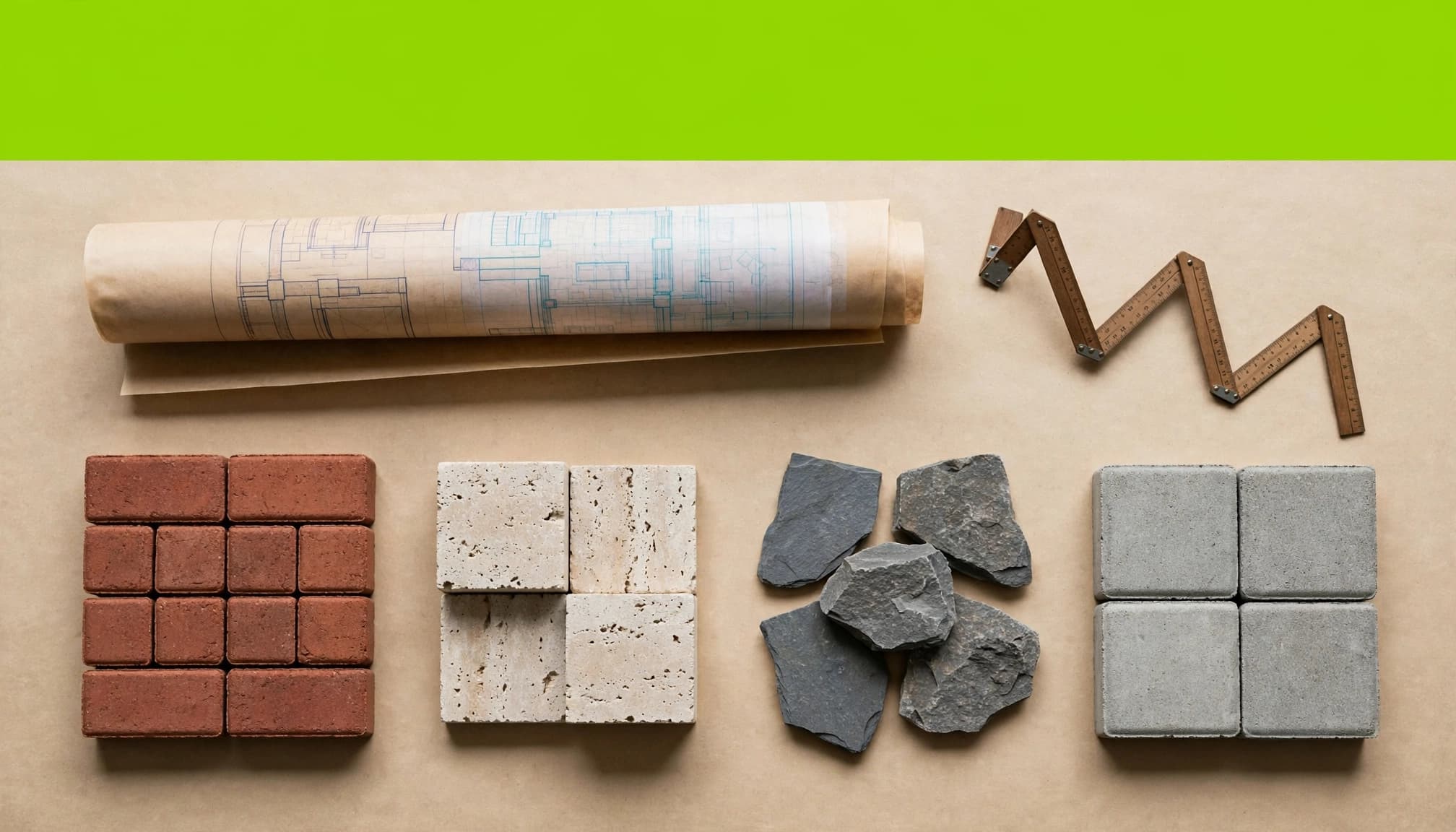 Paver samples, a rolled plan, and measuring scale arranged on a light work surface.
