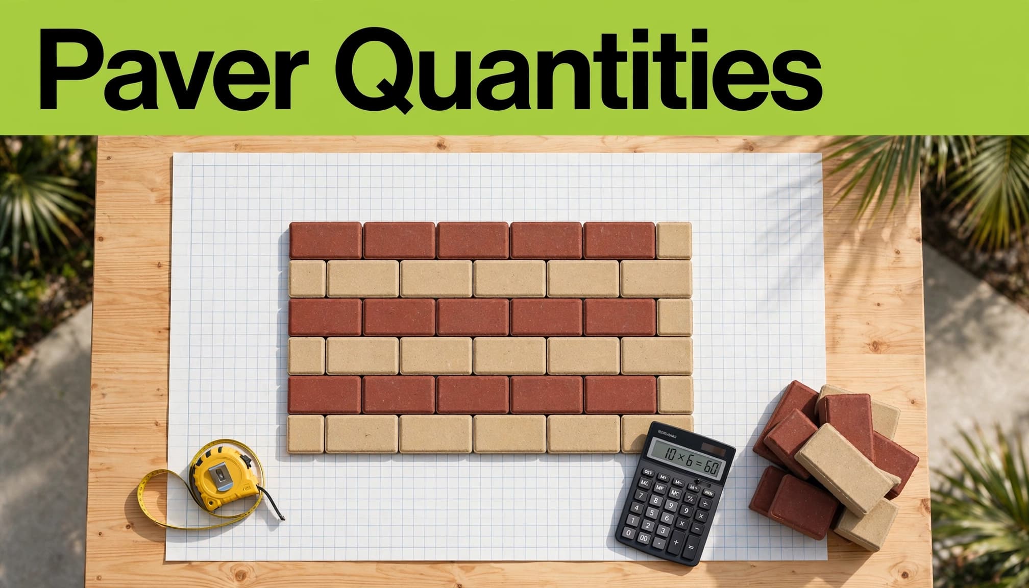 Overhead patio paver layout with a tape measure, calculator, graph paper, and spare pavers.