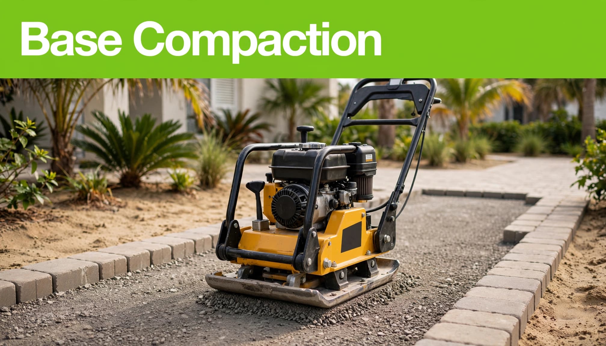 Plate compactor on a crushed stone base beside a tropical residential walkway.