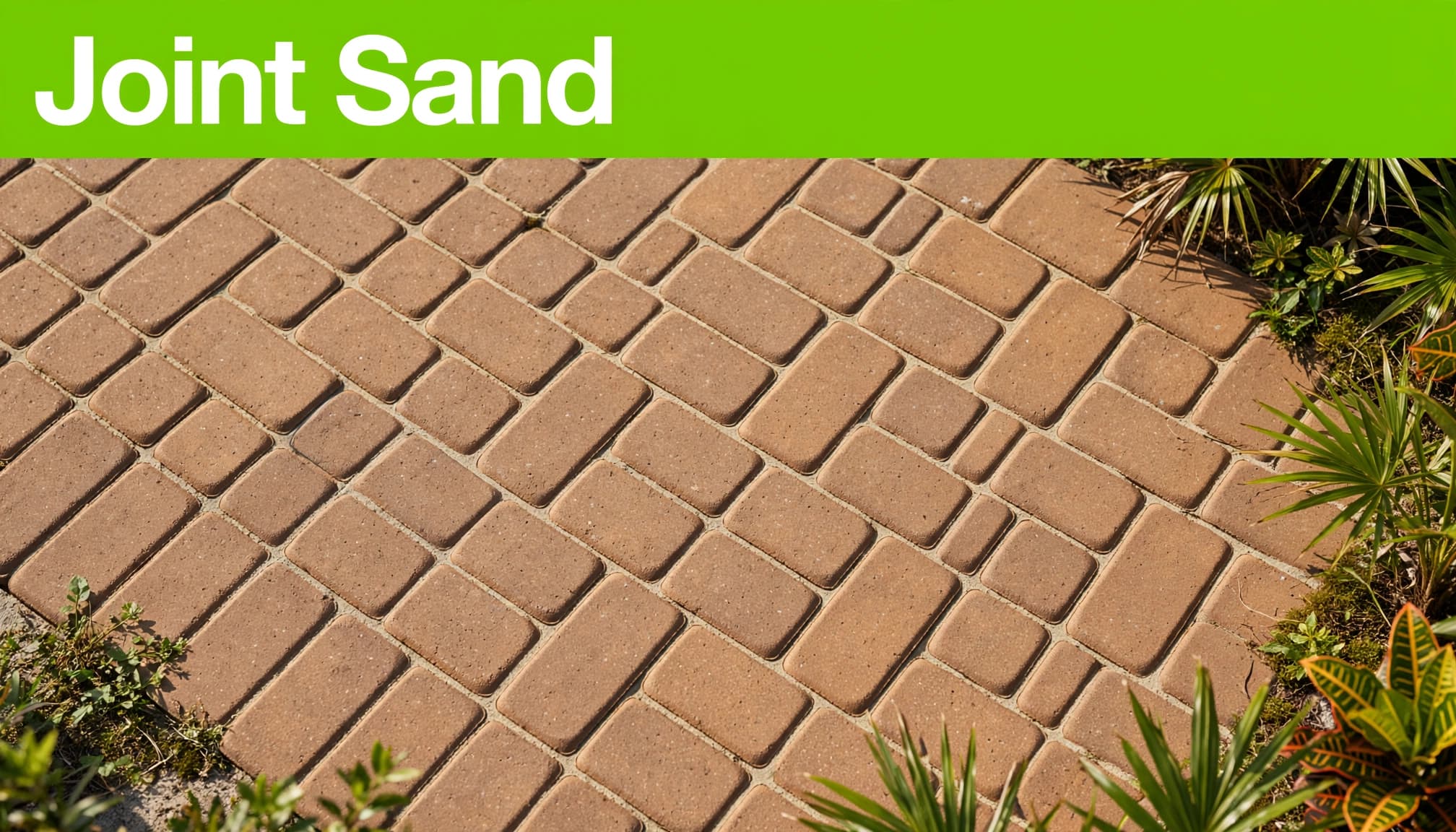 Brick paver maintenance showing sand-filled joints and weeds along a walkway edge.