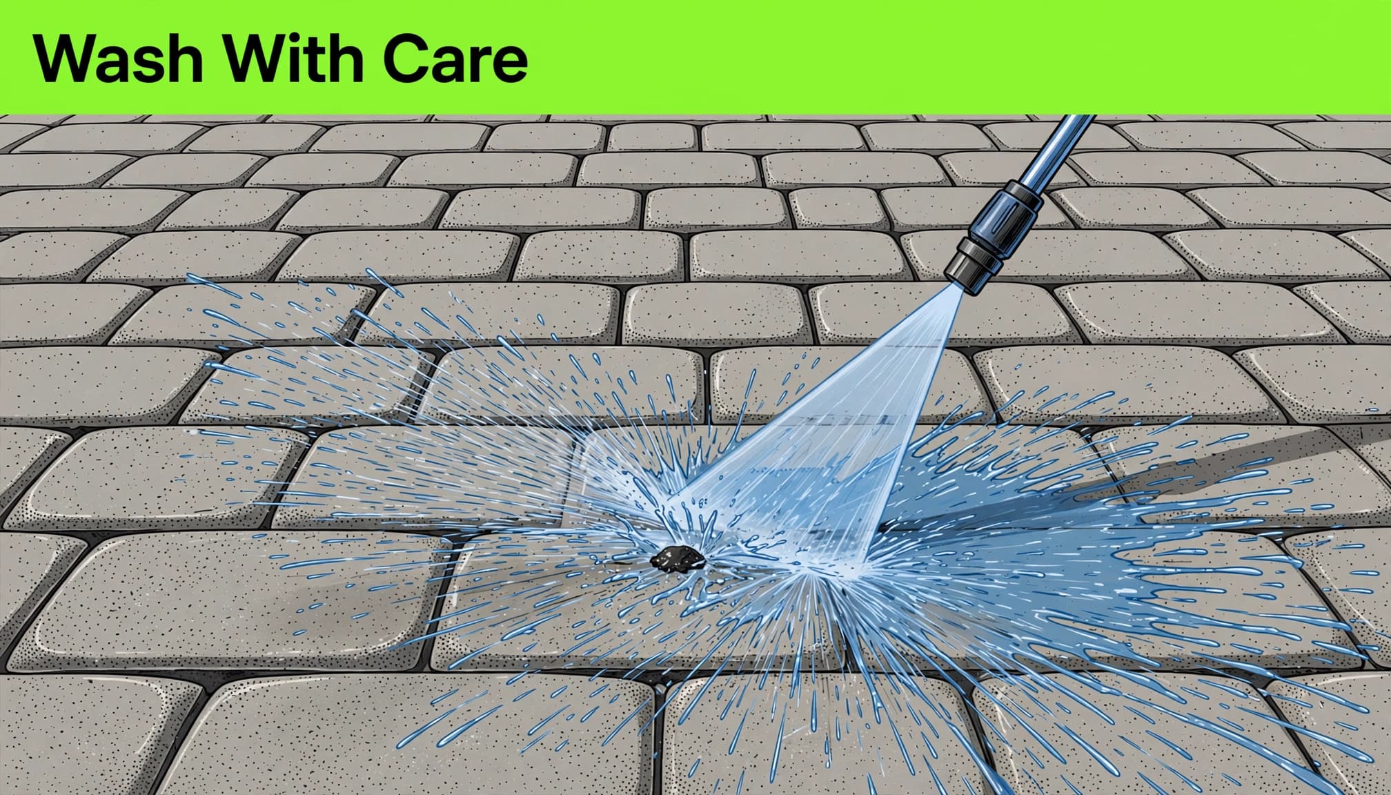 Illustration of controlled pressure washing over a paver walkway.