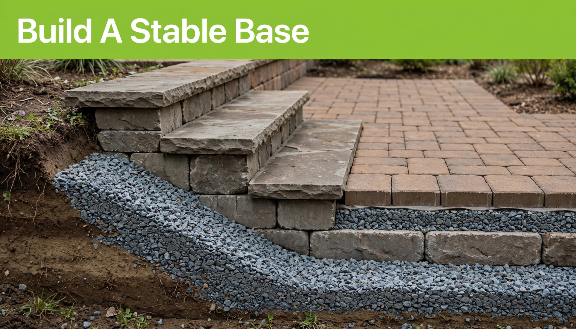 Block risers and compacted gravel supporting paver steps beside an existing patio.