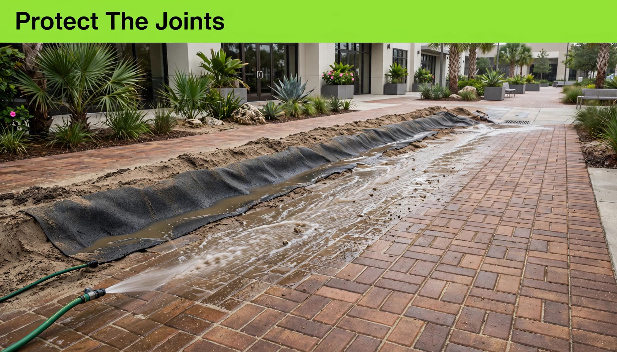 Controlled rinsing to clean brick pavers while collecting wash water before it reaches a storm drain.