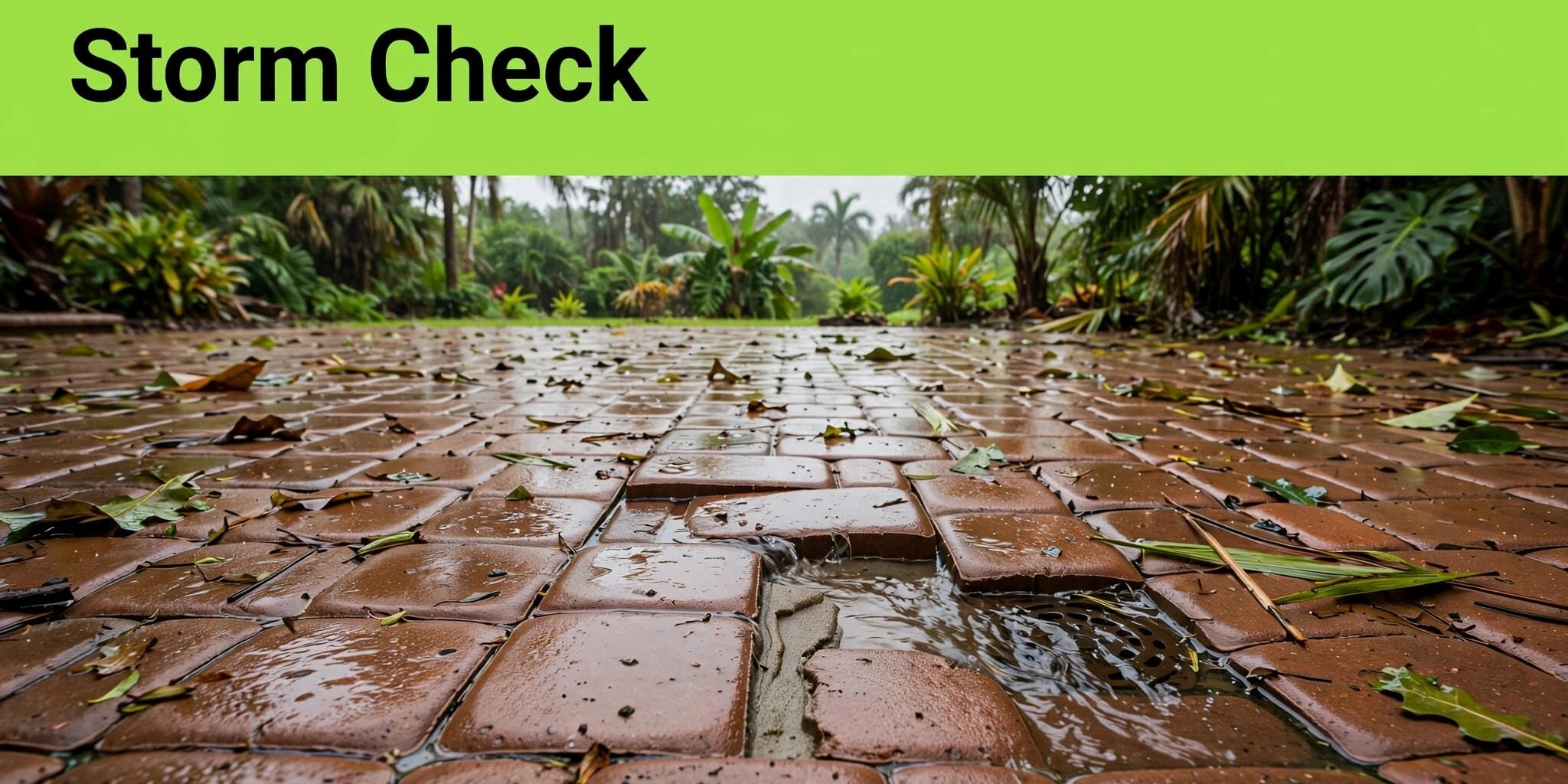 Storm-Damaged Paver Patio Wet patio pavers have a washed-out joint, scattered leaves, and puddles near a drain.
