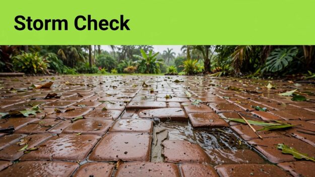 Storm-Damaged Paver Patio Wet patio pavers have a washed-out joint, scattered leaves, and puddles near a drain.