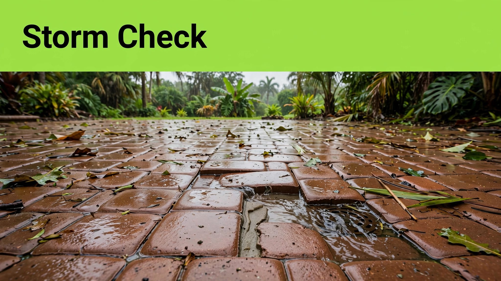 Storm-Damaged Paver Patio Wet patio pavers have a washed-out joint, scattered leaves, and puddles near a drain.