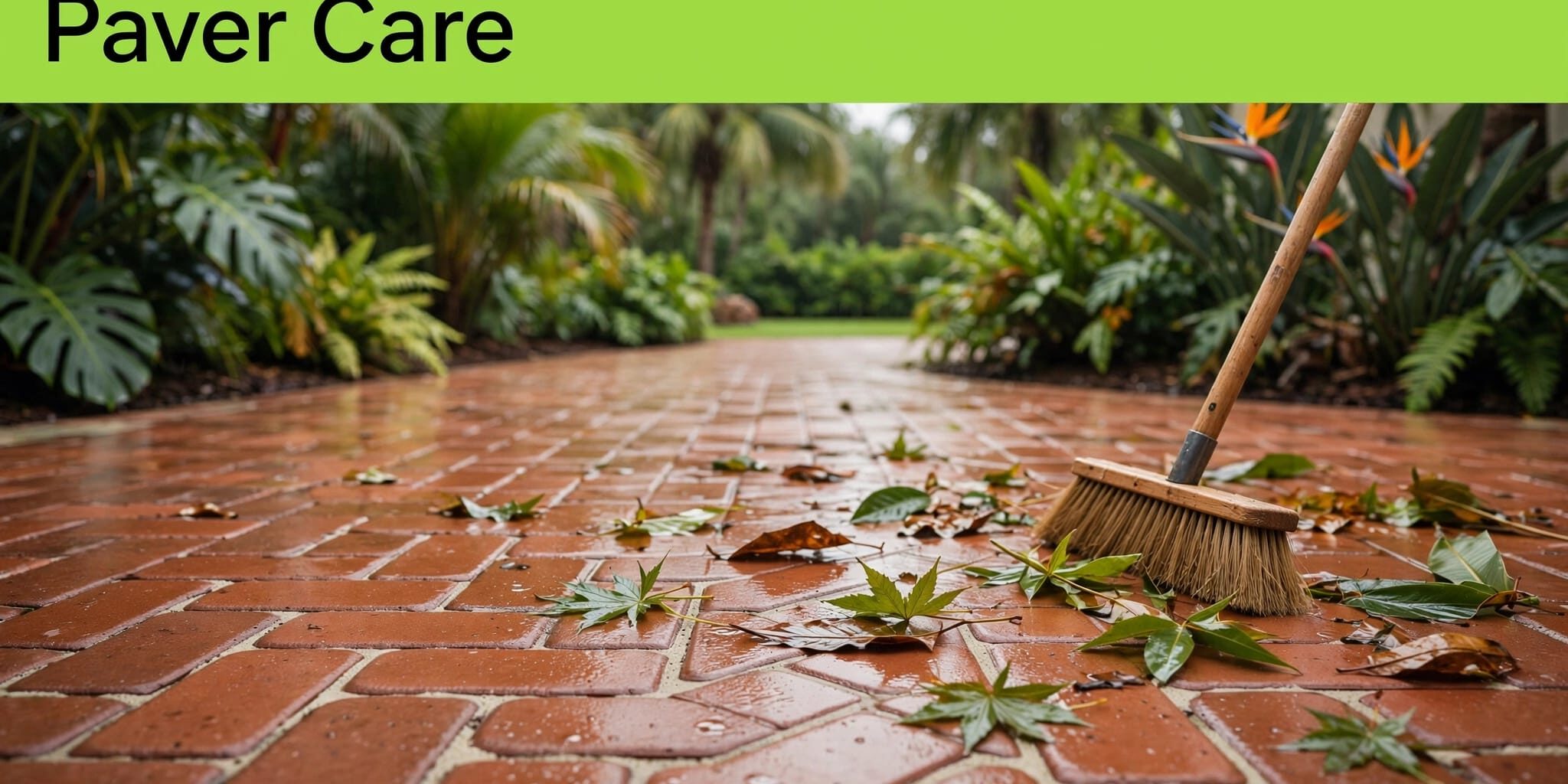 Rainy Brick Paver Patio A broom sweeps wet leaves from a terracotta patio beneath a green banner.